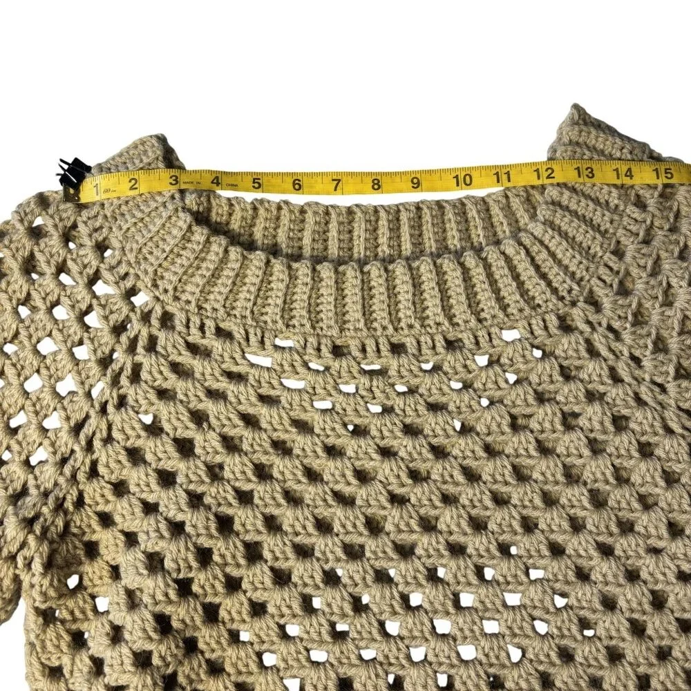 Handmade Crochet Open-Knit Beige Sweater With Ribbed Collar & Cuffs - Picture 4 of 9